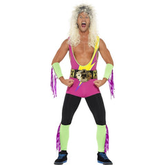 Retro wrestler costume with bodysuit, champion belt, green and purple fringe cuffs