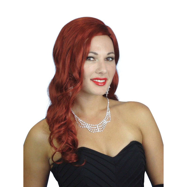 Rita 1940's long auburn red wig with side part and soft wave.