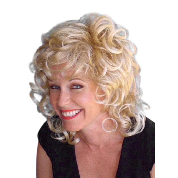 sandy style wig, soft curls and shoulder length.