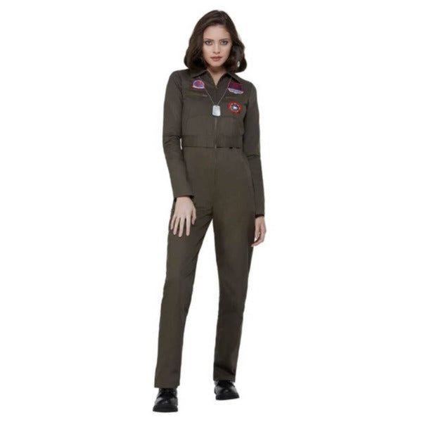 Top Gun ladies costume in khaki jumpsuit.