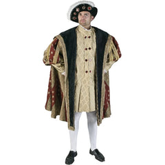 16th Century King costume with tapestry coat, hat, and tights for hire in Brisbane