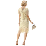 Back view of cream 1920s beaded flapper dress with fringe detailing