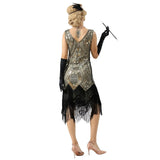 Back view of grey and black 1920s beaded flapper dress for hire