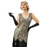 Gold and silver beadwork detail on grey and black 1920s flapper dress
