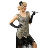 Black fringe detail on grey 1920s beaded flapper hire dress