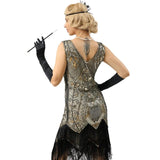 1920s grey and black beaded flapper dress worn for hire