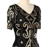 1920s Beaded Flapper Dress with Sleeves - Gold- Hire, v neck black dress, short sleeves and gold sequin design.