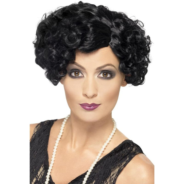 1920s black flirty flapper wig with short wavy bob style for Gatsby parties and vintage costumes