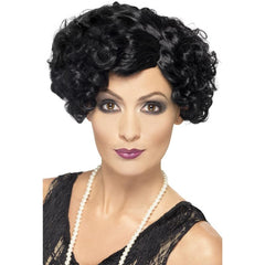 1920s black flirty flapper wig with short wavy bob style for Gatsby parties and vintage costumes