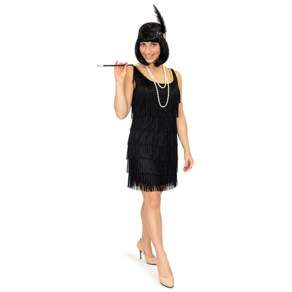 Ladies 1920s black fringe flapper dress with gold neckline trim