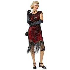 1920s Fringe Flapper Dress - Red - Hire, black beaded dress in art deco style with red lining and fringing at hemline.