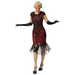1920s Fringe Flapper Dress - Red - Hire, black beaded dress in art deco style with red lining and fringing at hemline.