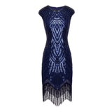 Flat view of 1920s royal blue fringe flapper dress for hire 