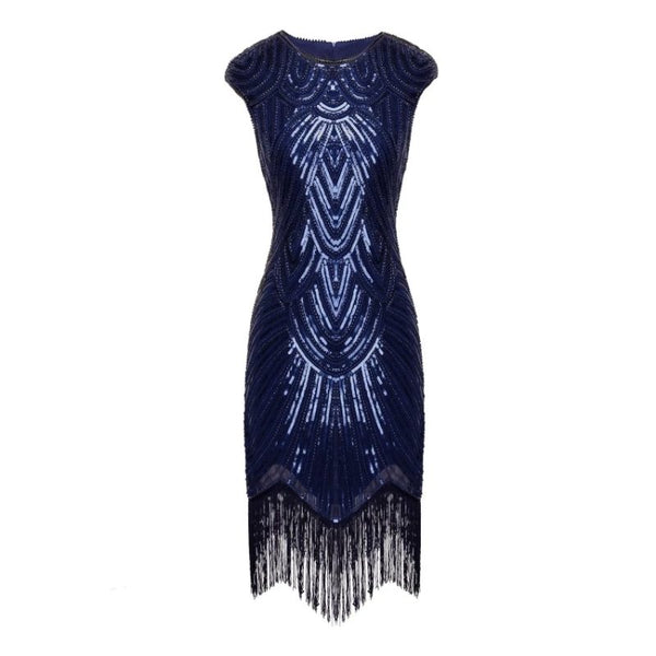 Flat view of 1920s royal blue fringe flapper dress for hire 
