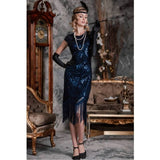 1920s royal blue fringe flapper dress for hire