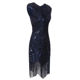 Side view of royal blue 1920s flapper dress flat