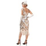 Back view of 1920s golden sequined gatsby dress hire costume