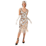 Woman wearing the hire 1920s gatsby dress with accessories