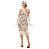 1920s golden sequined gatsby dress hire with headband gloves beads and feather boa