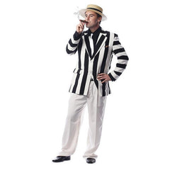 1920s Inspired Suit - Hire, black and white wide stripe jacket, cream pants, shirt, tie and boater hat to hire.