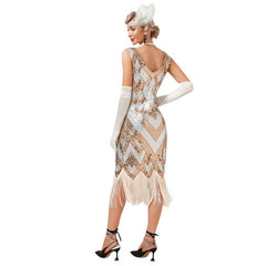 1920s Golden Sequined Gatsby Dress - Gold - Hire, gold and silver sequin art deco vibe flapper dress with cream fringing. hire includes, dress, headdress, gloves, beads.
