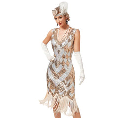 1920s golden sequined gatsby dress hire front view