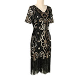 Side view of gold 1920s sequined flapper dress for hire
