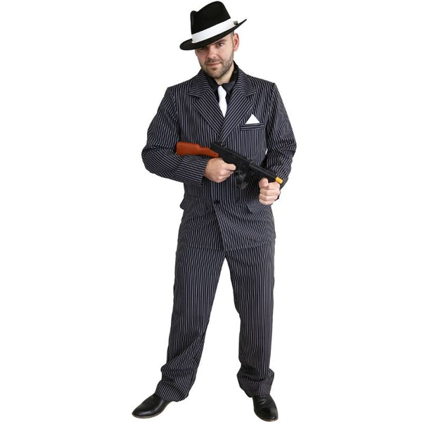 1920s male gangster costume with pinstripe suit, shirt front, and tie