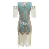 Back view of blue 1920s sequin daisy dress with fringe