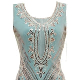 Rose gold and cream sequin detail on blue 1920s daisy dress
