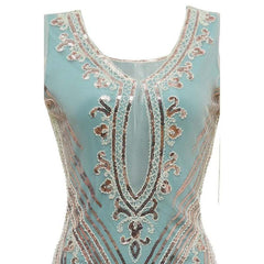 1920s blue sequin daisy dress with fringe for hire