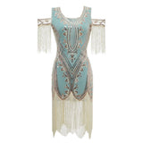 1920s blue sequin daisy dress with fringe for hire