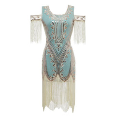 1920s blue sequin daisy dress with fringe for hire