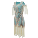 Side view of blue 1920s sequin daisy flapper dress
