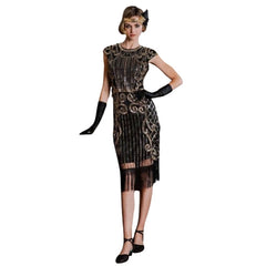 1920s black and gold sequin flapper dress with matching accessories – hire costume in Brisbane
