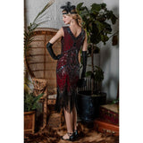 Back view of wine red 1920s fringe flapper dress
