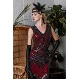 Black sequin and fringe detail on wine red 1920s flapper dress