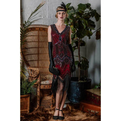 1920s wine red sequined fringe flapper dress for hire