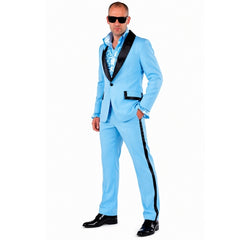 Man wearing a 1950s Blue Teddy Boy Suit with black trim and matching trousers