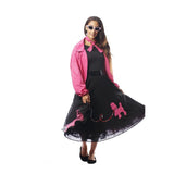 50's Ladies Poodle Skirt and Jacket - Hire, knee length black skirt with poodle embroidery, hire includes pink jacket with embroidery, skirt, scarf, petticoat, glasses.