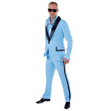 Man wearing a light blue suit with black accents on a white background