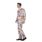 1960's Groovy Stand Out Suit, bright print lined suit with images of peace, love, compie vans, flowers and hearts, jacket, zip up pants and tie.