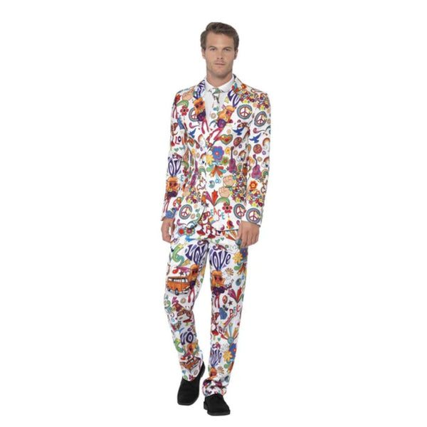 1960's Groovy Stand Out Suit, bright print lined suit with images of peace, love, compie vans, flowers and hearts, jacket, zip up pants and tie.