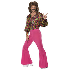 1960s CND slack suit costume with pink flares and patterned shirt