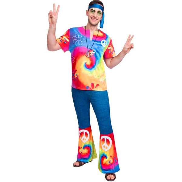 1960's Free Spirit Men's Hippie Costume, tye dye print on shirt and flare on pants.