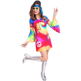 1960's Free Spirit Women's Hippie Costume, tye dye print dress with peace pendant print.