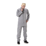 Men’s 1960s Grey Suit Costume with trousers, jacket, and bald cap by Karnival Costumes.