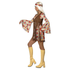 1960s Groovy Baby Costume - Female, dress in brown, yellow and cream with bell sleeves, brown fringed vest with long fringing, matching headband.