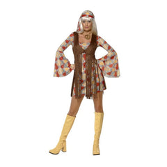 1960s Groovy Baby Costume - Female, dress in brown, yellow and cream with bell sleeves, brown fringed vest with long fringing, matching headband.