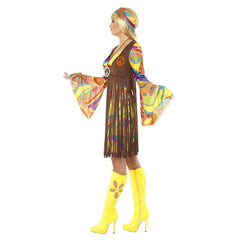 1960s groovy lady costume with psychedelic dress, fringed vest, and headband for hippie parties or festivals